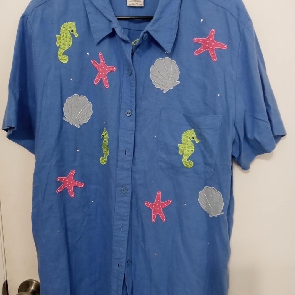 Quacker Factory Button down embroidered ocean the… - image 1